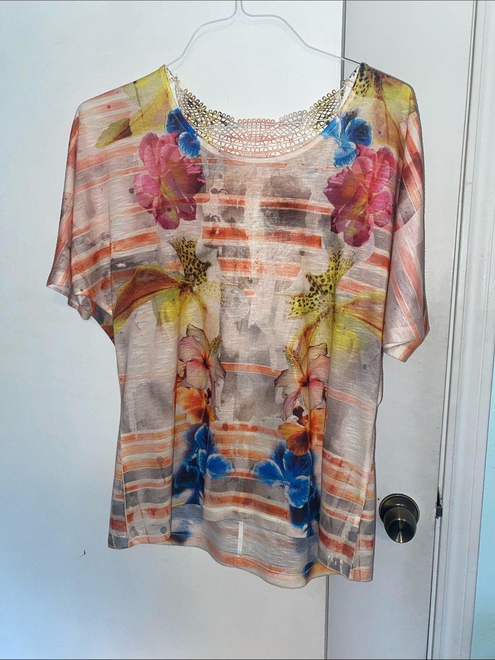 French Blue  Floral Print Short-Sleeve Top, Size L